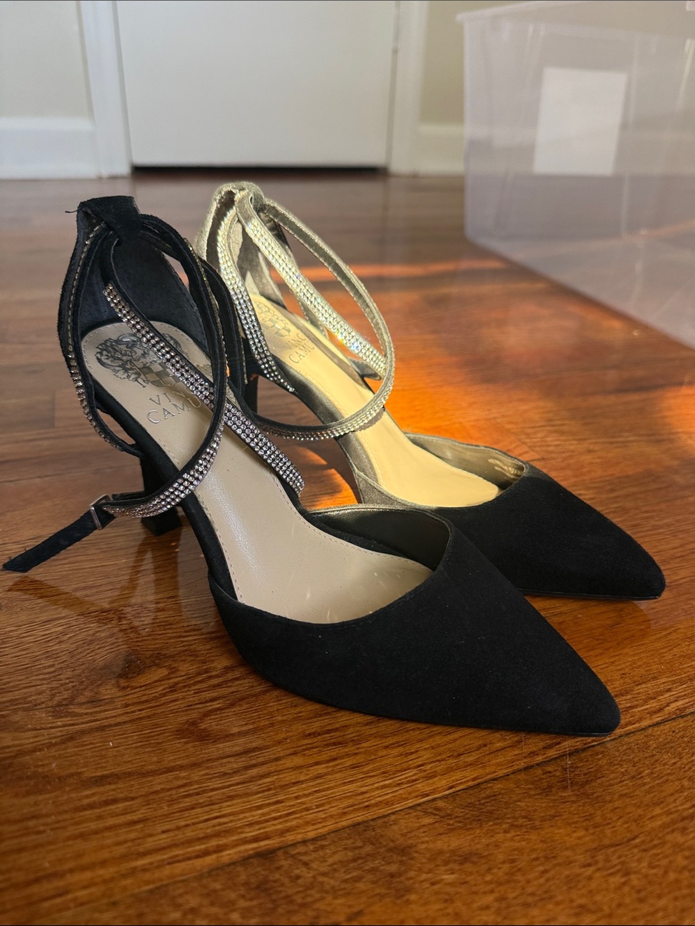 Vince Camuto Black Pointed Toe Heels with Silver Rhinestone Ankle Straps